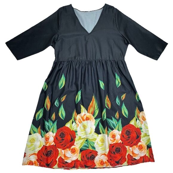 Black Floral V-Neck Dress Pleated Size Large Red Roses Leaves Lightweight - Picture 1 of 10